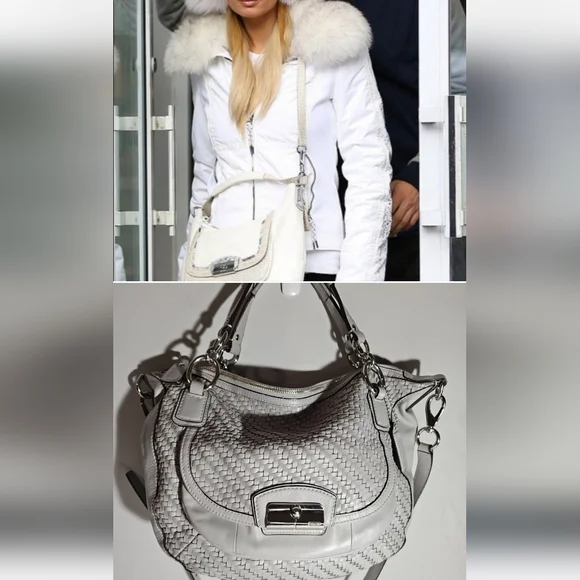 Coach Kristen Woven Round Leather Satchel $498 Authentic Gray/Silver VGUC - Picture 1 of 16